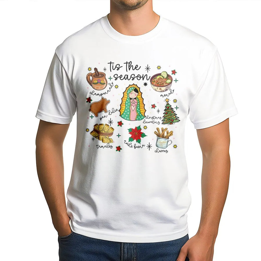 Mexican Christmas T-Shirt | Tis The Season Virgencita Graphic | Premium Cotton Unisex Tee | Feliz Navidad Holiday Gift for Her