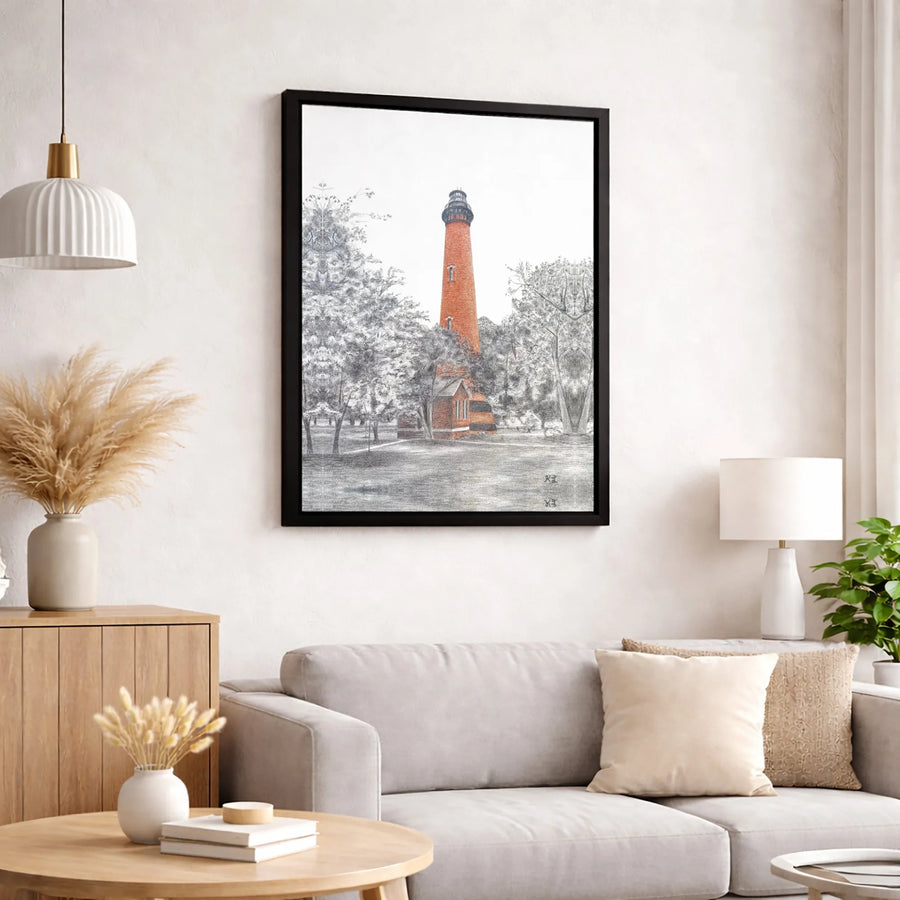 Lighthouse Canvas Wall Art | Nautical Red Brick Sketch Print | Premium Gallery Wrapped Decor | Coastal Home Office Gift