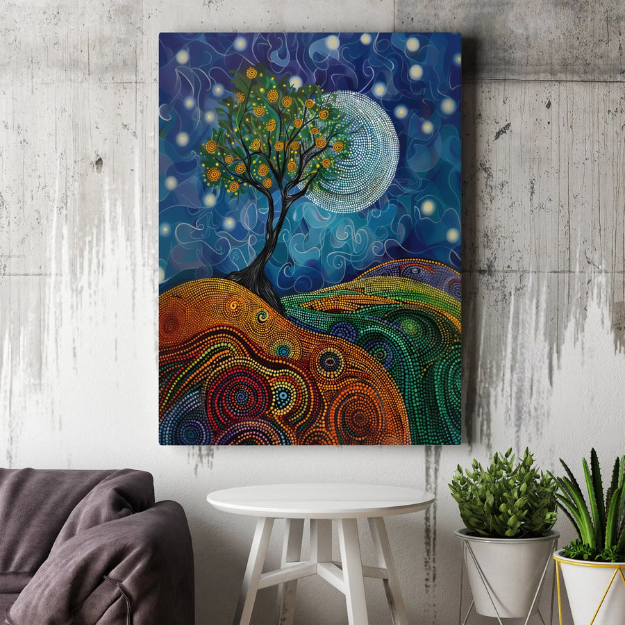 Tree Of Life Canvas Art | Psychedelic Pointillism Night Landscape | Premium Gallery Wrap Print | Whimsical Boho Home Decor Gift