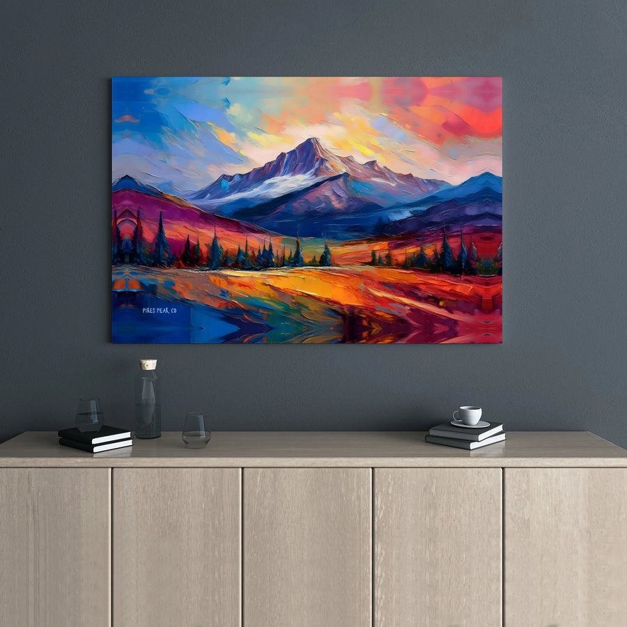 Pikes Peak Mountain Landscape Canvas Art | Vibrant Abstract Colorado Nature Painting | Premium 1.25" Gallery Wrap | Modern Home Office Decor Gift