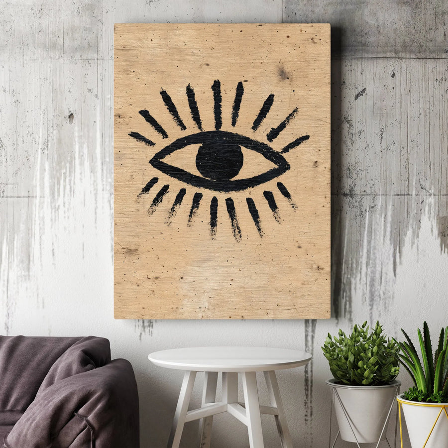 Evil Eye Vertical Canvas | Rustic Wood Style Print | Premium Gallery Wrap | Spiritual Home Decor Gift for Protection