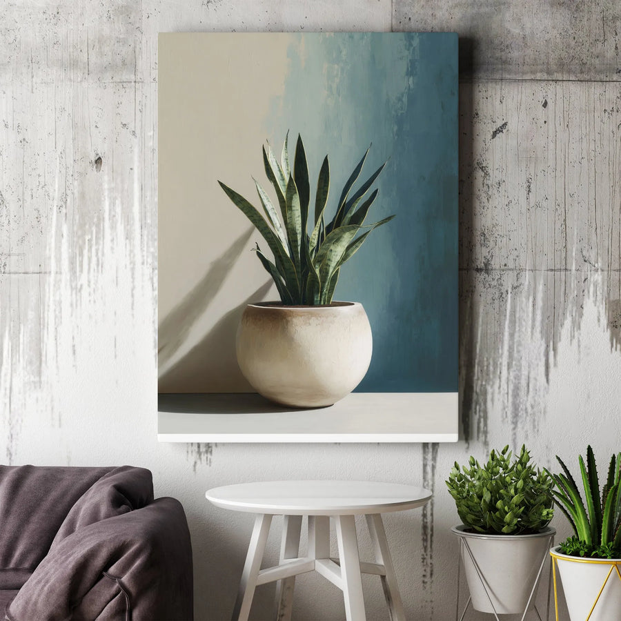 Modern Snake Plant Canvas Print | Minimalist Botanical Wall Art with Two-Tone Background | Premium Fade-Resistant Print | Living Room & Office Decor Gift