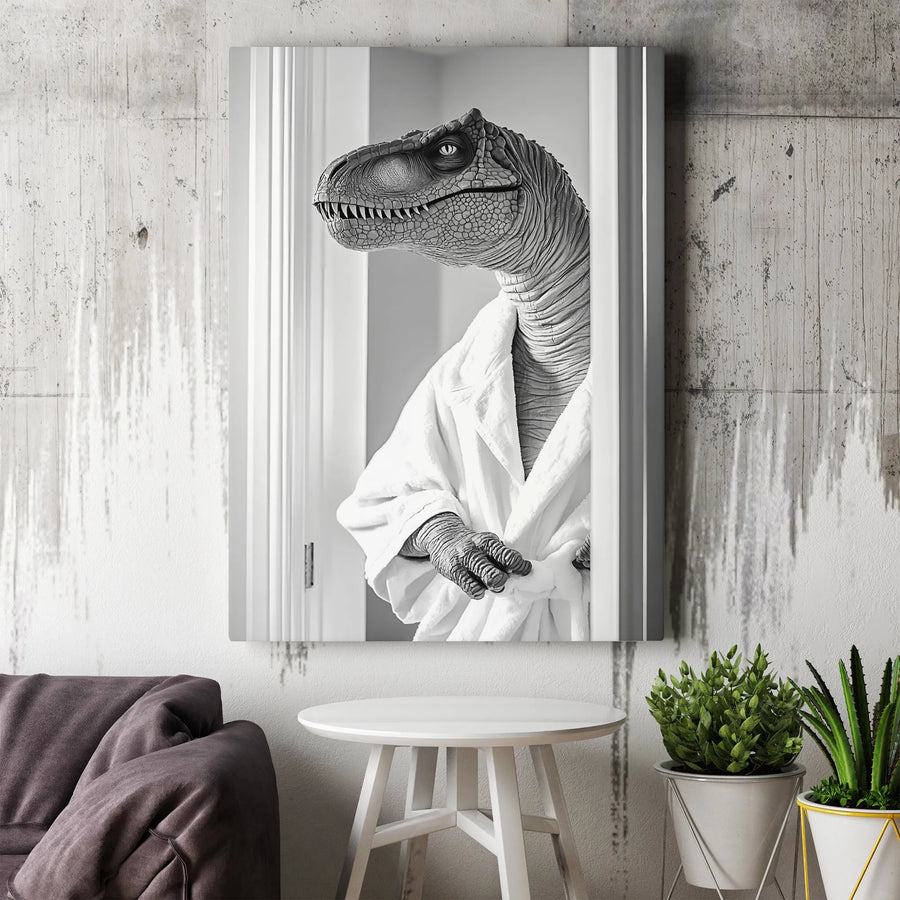 T-Rex Bathroom Wall Art | Funny Dinosaur In Bathrobe Print | Premium Gallery Wrap Canvas | Unique Home Decor Gift For Kids And Adults