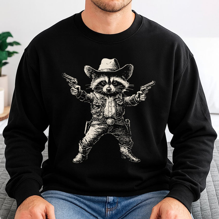 Cowboy Raccoon Sweatshirt | Retro Western Wildlife Graphic | Soft Cotton Blend | Funny Animal Gift For Raccoon Lovers