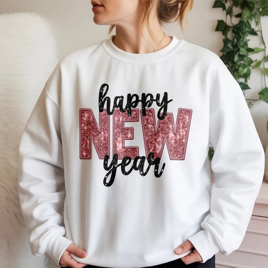 Happy New Year Sweatshirt | Rose Gold Faux Glitter Design | Premium Cotton-Poly Blend | Festive NYE Party Outfit Gift for Women
