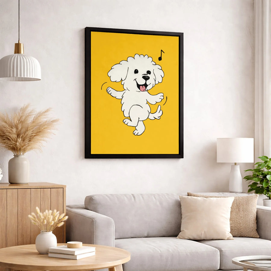 Dancing White Dog Canvas Art | Cute Cartoon Doodle Print | 1.25 Inch Gallery Wrap | Cheerful Yellow Nursery Decor Wall Art Gift
