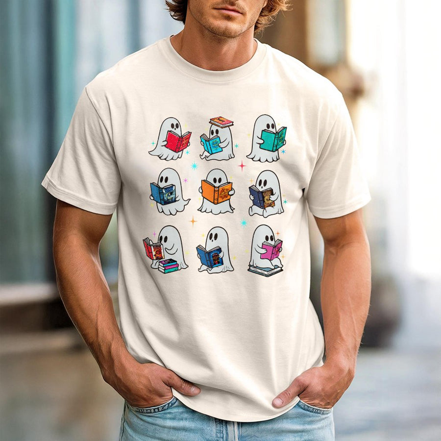 Ghost Reading Books T-Shirt | Cute Spooky Librarian Graphic Tee | 100% Cotton Premium Quality | Gift for Book Lovers and Teachers