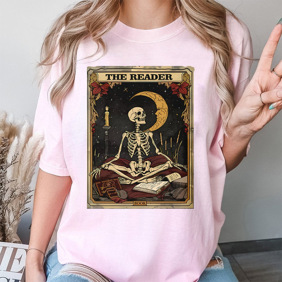 The Reader Skeleton T-Shirt | Occult Tarot Card Graphic Tee | Premium 100% Cotton | Witchy Aesthetic Book Lover Gift for Readers