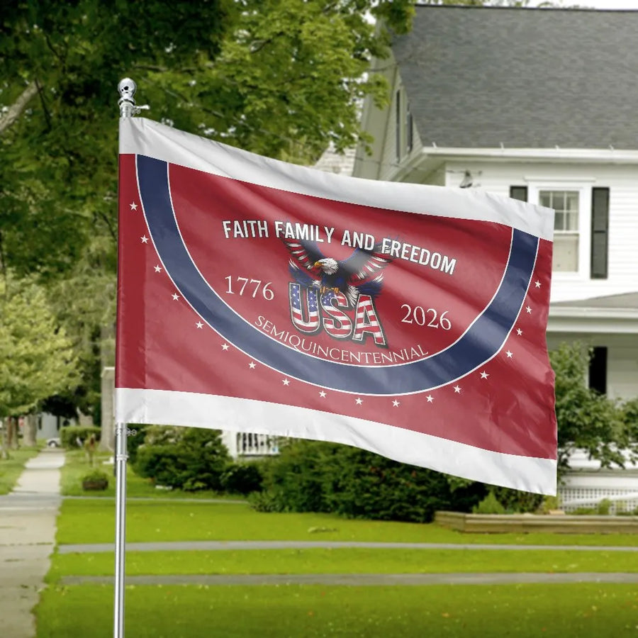 USA 250th Anniversary House Flag | Patriotic Faith Family Freedom Eagle Design | Double-Sided Weather-Resistant Fabric | Commemorative Yard Decor Gift