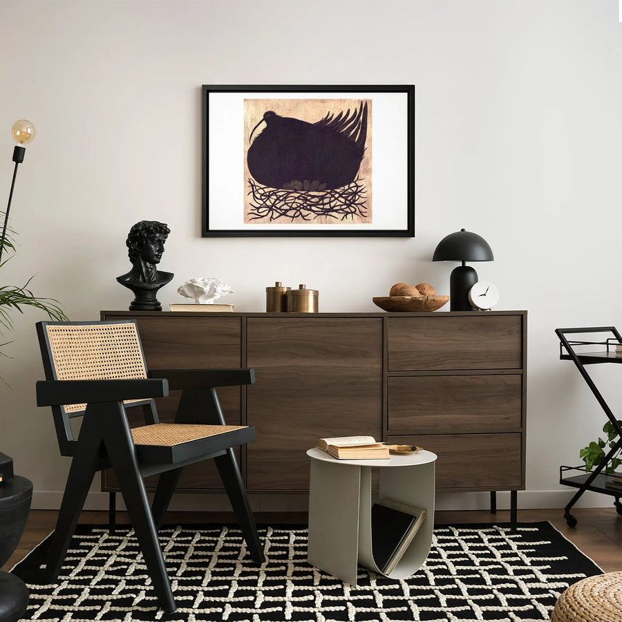 Black Bird Woodcut Canvas Wall Art | Stylized Nest and Eggs Print | Premium Gallery Wrap Decor | Minimalist Nature Home Office Gift