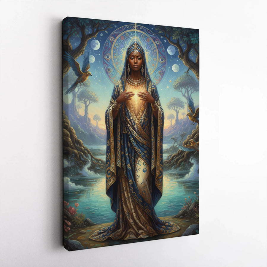 Divine Black Goddess Canvas Wall Art | Celestial Mandala Spiritual Portrait | Premium 1.25 Inch Thick Gallery Wrap | Aesthetic Home Decor Gift