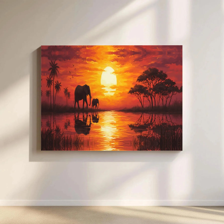 African Elephant Sunset Canvas Wall Art | Vibrant Savanna Silhouette Painting | Premium Fade-Resistant Print | Wildlife Wall Decor for Living Room