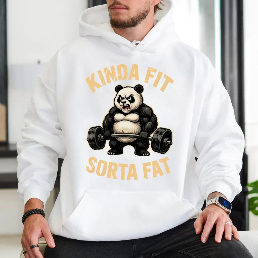 Funny Panda Gym Hoodie | Kinda Fit Sorta Fat Weightlifting Graphic | Premium Cotton Blend Crewneck | Workout Humor Gift for Lifters