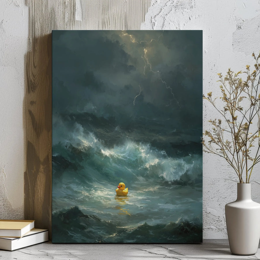 Rubber Duck Canvas Wall Art | Stormy Sea Lightning Aesthetic Print | Premium Gallery Wrap Decor | Quirky Gift for Ocean Lovers