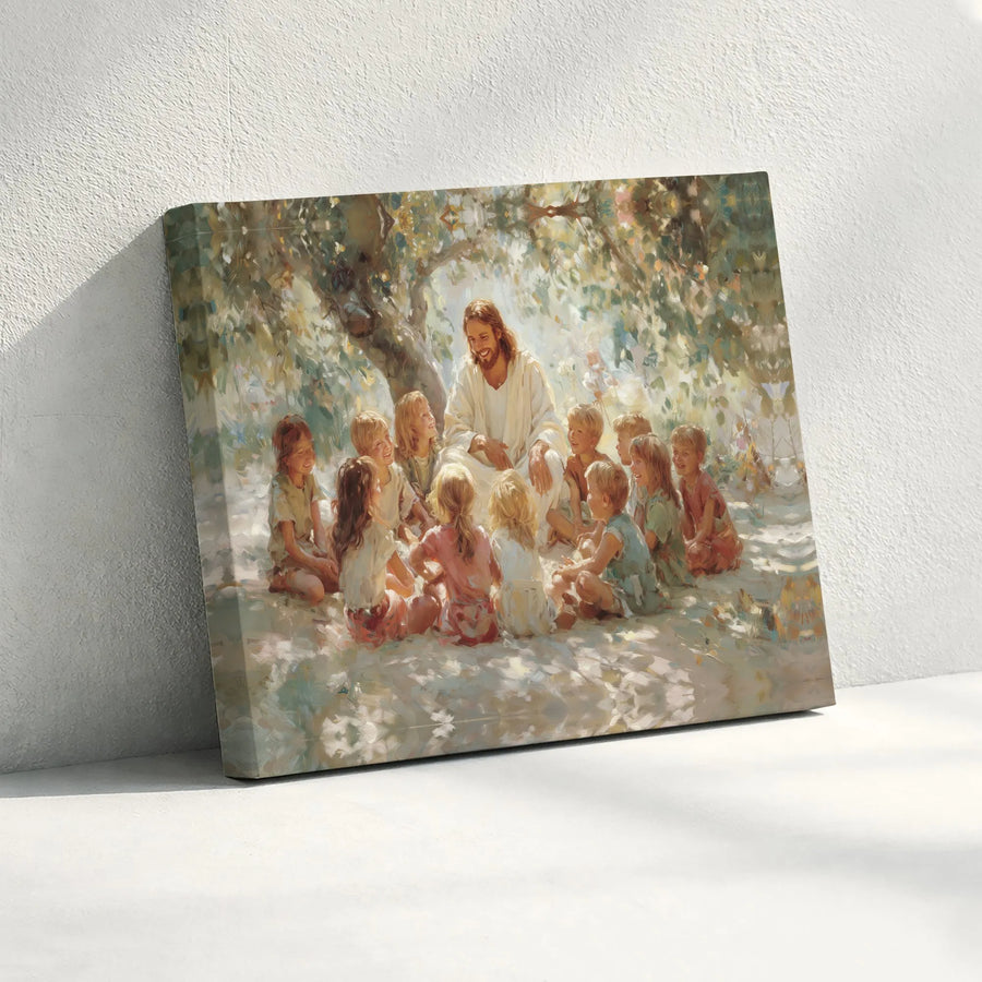 Jesus with Children Horizontal Canvas | Christian Wall Art Impressionist Style | Premium 1.25" Gallery Wrap | Spiritual Religious Gift for Home Decor
