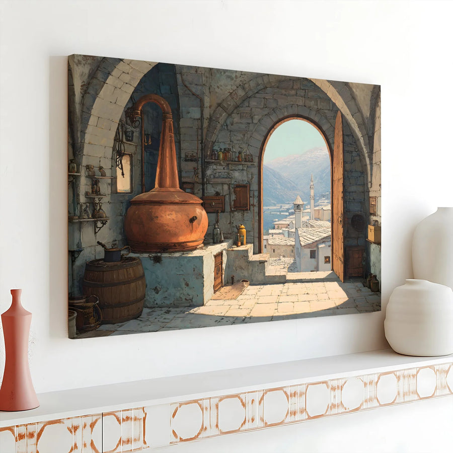 Rustic Copper Alembic Horizontal Canvas | Mediterranean Stone Arch Village Wall Art | 1.25 Inch Gallery Wrap | Alchemist Distillery Home Decor Gift