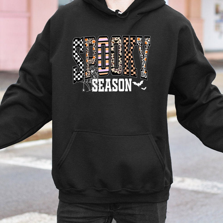 Spooky Season Hoodie | Retro Halloween Leopard Print Checkered Design | Premium Cotton Blend | Aesthetic Fall Apparel Gift for Women