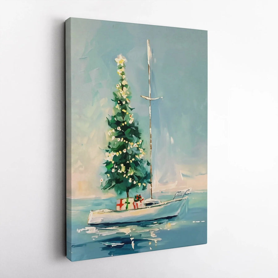 Coastal Christmas Tree On Sailboat Wall Art | Nautical Winter Holiday Painting | Premium Gallery Wrapped Canvas | Beach House Decor Gift