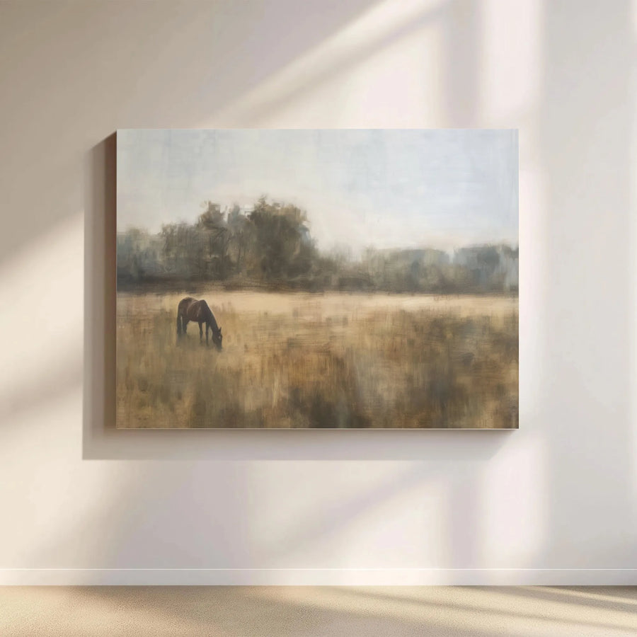 Horse Grazing Field Canvas Wall Art | Impressionist Countryside Landscape Print | Premium 1.25 Inch Gallery Wrap | Farmhouse Home Decor Gift