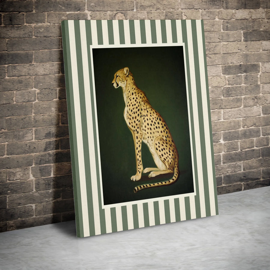 Vintage Cheetah Wall Art | Seated Leopard Animal Portrait with Green Stripes | Premium Gallery Wrapped Canvas | Elegant Safari Home Decor
