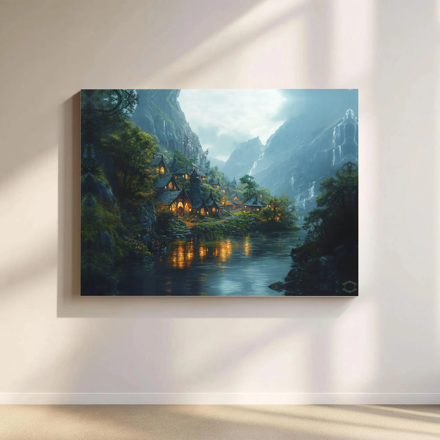 Fantasy Valley Village Canvas Print | Enchanted River Landscape Art | Premium Gallery Wrapped Wall Decor | Whimsical Nature Home Gift