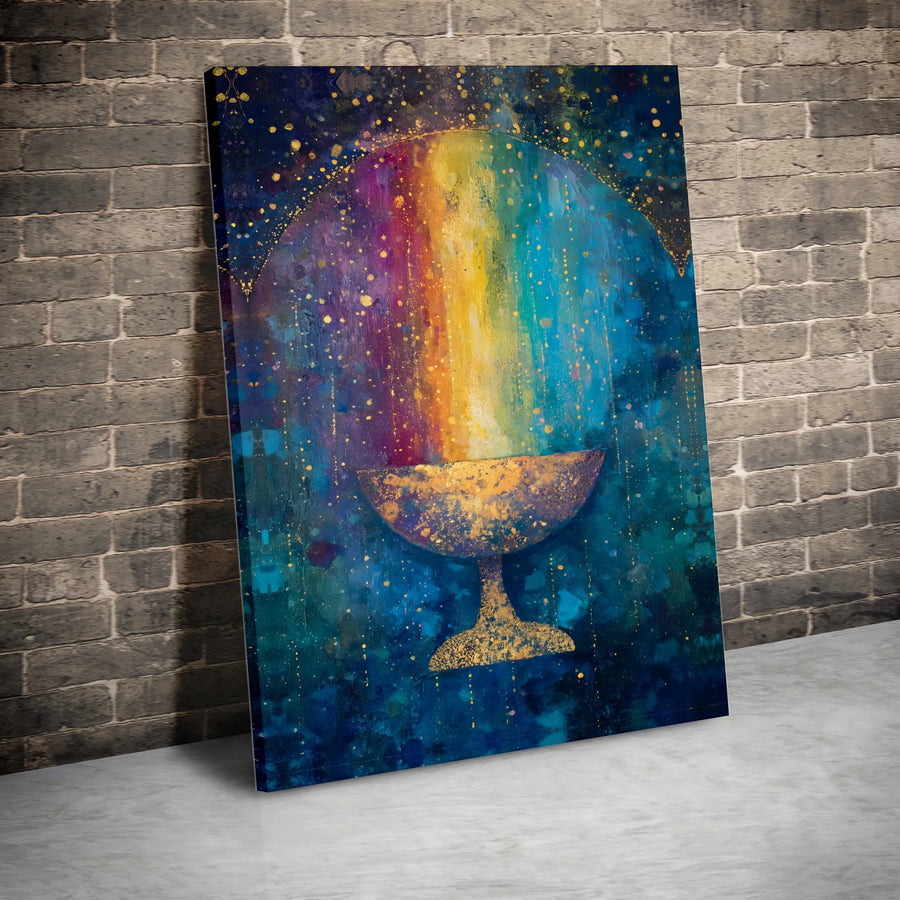 Abstract Rainbow Chalice Canvas Print | Gold Speckled Cosmic Painting | Premium Thick Gallery Wrap | Spiritual Home Decor Gift for Meditation Room