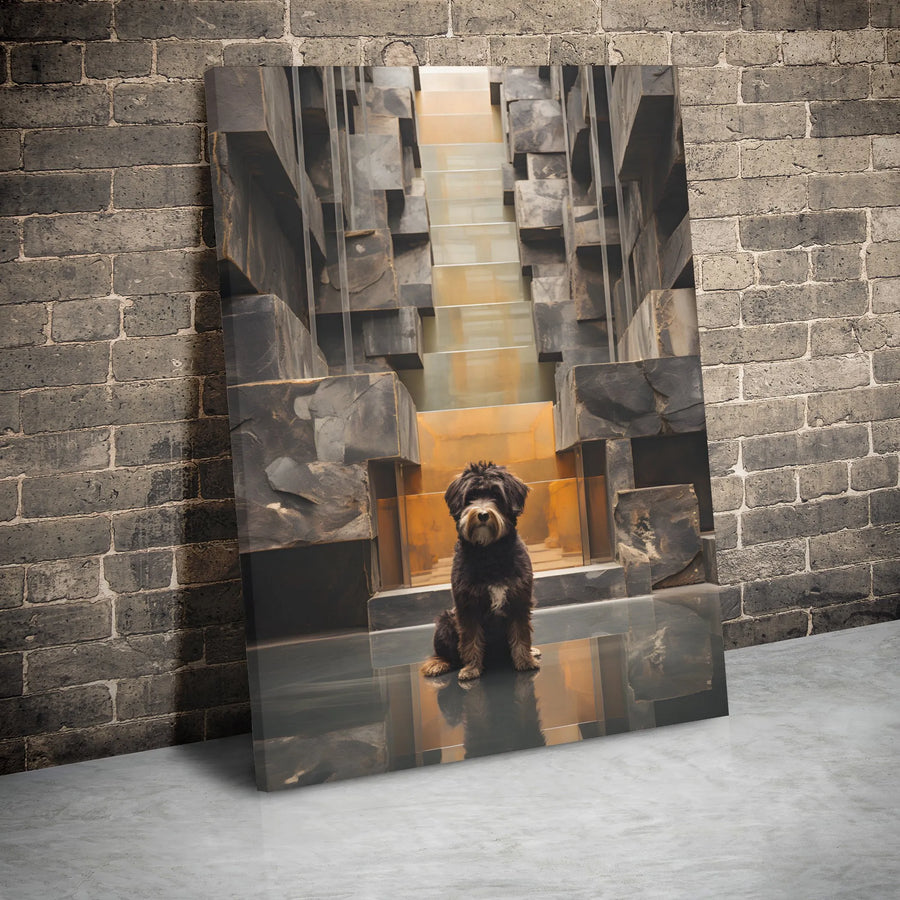 Modern Dog Wall Art | Shaggy Puppy on Abstract Stone Staircase | Premium Gallery Wrap Canvas | Unique Home Office Decor Gift