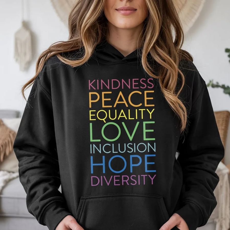Kindness Equality Hoodie | Rainbow Typography Inspirational Quote | Premium Cotton-Blend Pullover | Unisex Gift for Social Justice Advocate