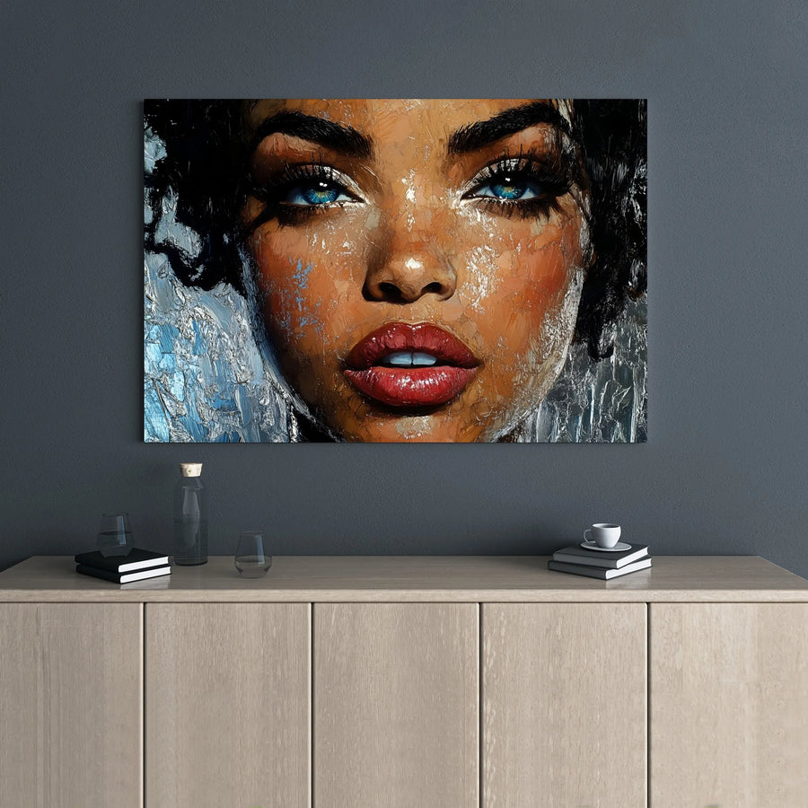 Abstract Black Woman Portrait Canvas | Striking Blue Eyes Impasto Art | 1.25 Inch Gallery Wrap | Modern Home Office Decor Gift