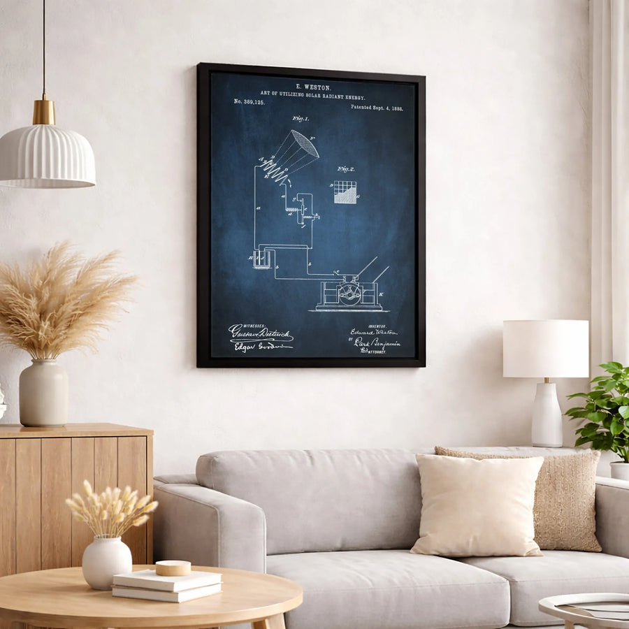Solar Energy Patent Canvas Print | 1888 Vintage Technical Diagram | Premium Fade-Resistant Wall Art | Unique Science Gift for Engineers