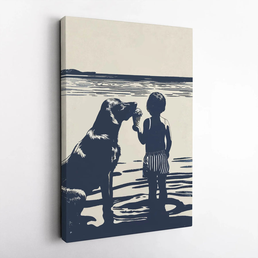 Coastal Dog and Boy Beach Art | Vintage Style Ice Cream Print | Premium Gallery Wrapped Canvas | Charming Nursery or Living Room Wall Decor