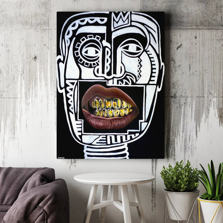 Abstract Gold Grillz Vertical Canvas | Modern Graffiti King Portrait | Premium Gallery Wrap Wall Art | Collector's Hip Hop Urban Decor Gift