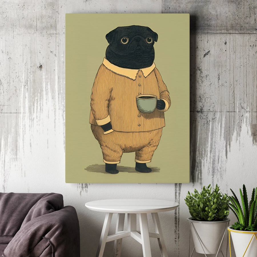 Black Pug Canvas Print | Funny Dog in Pajamas Drinking Coffee | Premium Gallery Wrap Art | Quirky Home Decor Gift for Pug Lover
