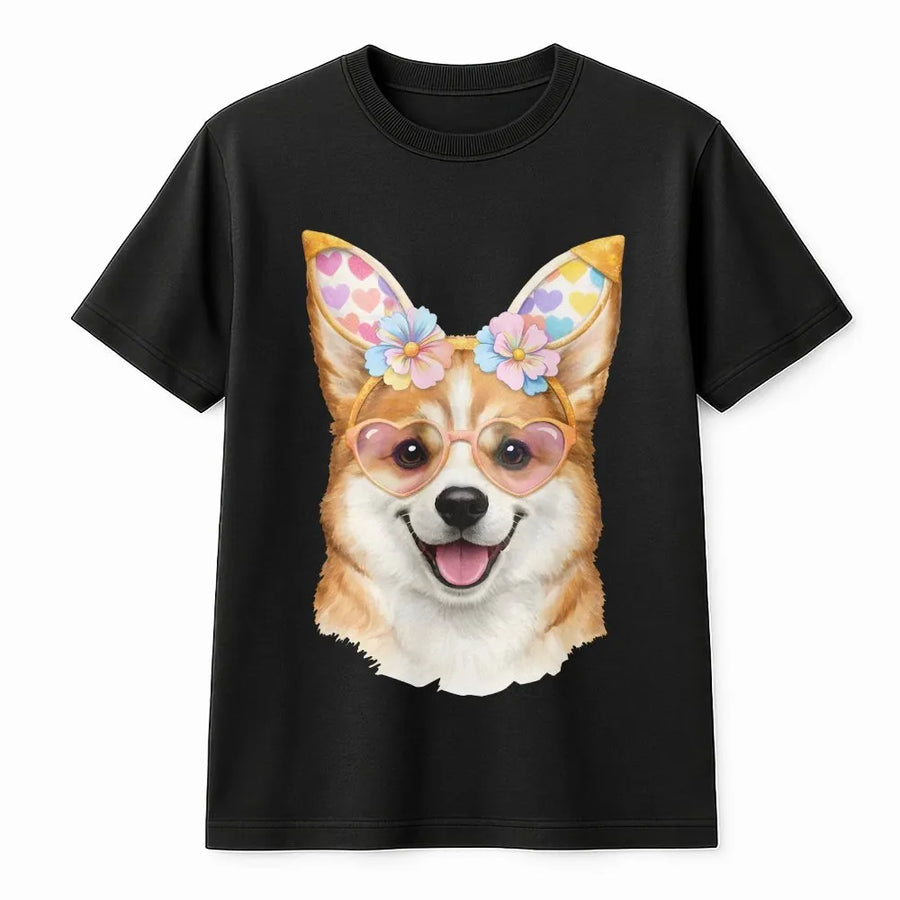 Cute Corgi Easter T-Shirt | Dog with Bunny Ears & Heart Glasses | Soft Cotton Graphic Tee | Gift for Corgi Mom & Dog Lovers