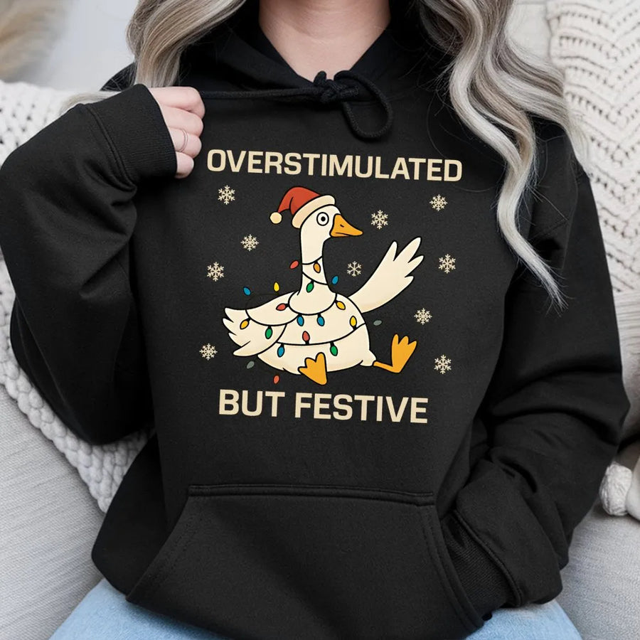 Overstimulated But Festive Goose Hoodie | Funny Christmas Lights Graphic | Premium Cotton Blend Pullover | Neurodivergent Gift For Holiday Season