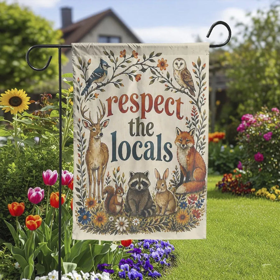 Respect The Locals Garden Flag | Vintage Woodland Animals Art | Double-Sided Weather-Resistant Fabric | Outdoor Yard Decor Gift for Nature Lovers