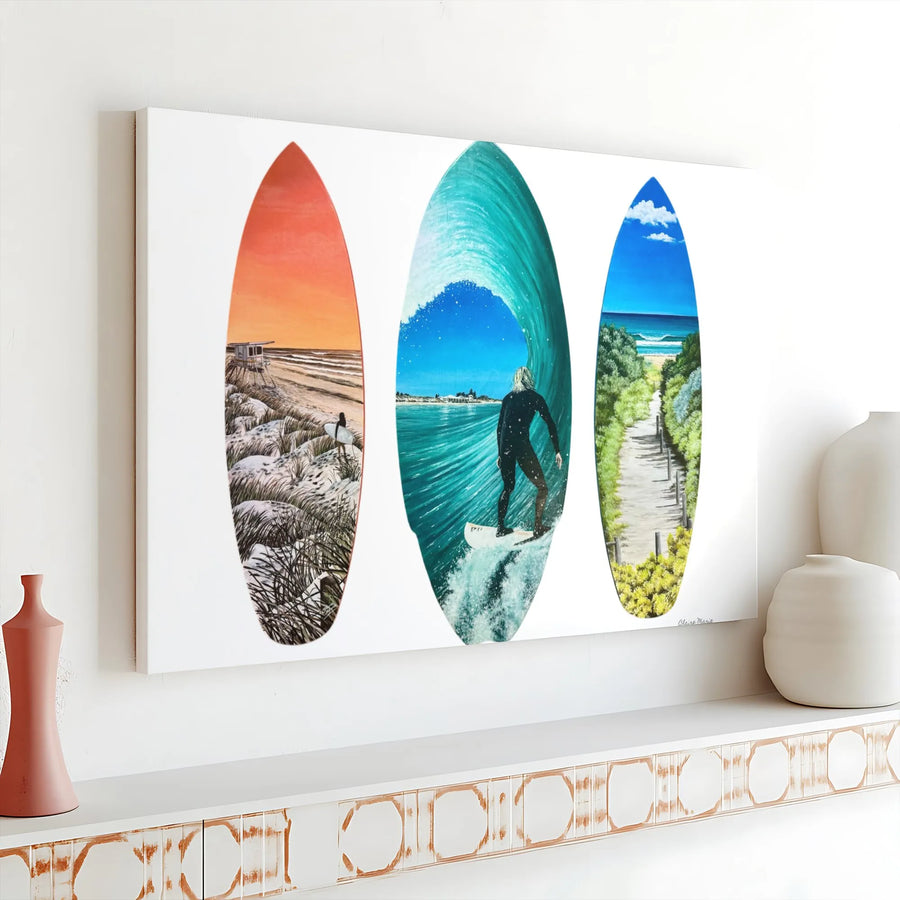 Surfboard Wall Art Canvas | Tropical Beach Scene Triptych | Premium 1.25-inch Gallery Wrap | Coastal Decor Gift for Surfers