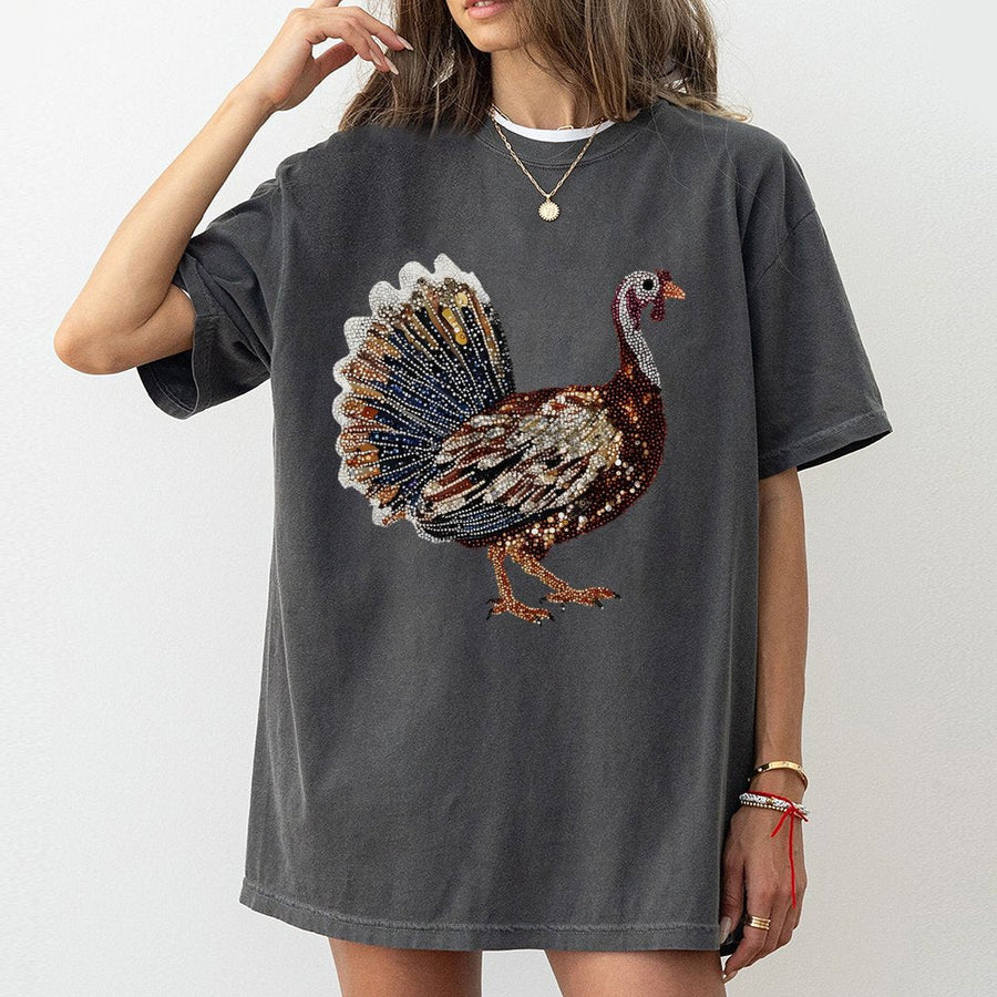 Turkey Graphic T-Shirt | Faux Rhinestone Thanksgiving Design | Premium 100% Cotton Tee | Festive Fall Holiday Gift for Men and Women