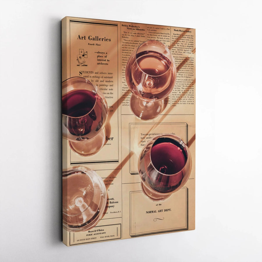 Wine Glass Wall Art | Vintage Newspaper Collage Canvas | Premium Gallery Wrap | Kitchen Decor Gift for Wine Lovers