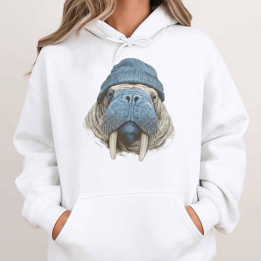 Walrus Hoodie | Hipster Walrus Wearing Beanie Design | Premium Cotton-Poly Blend | Cute Arctic Wildlife Gift for Animal Lovers