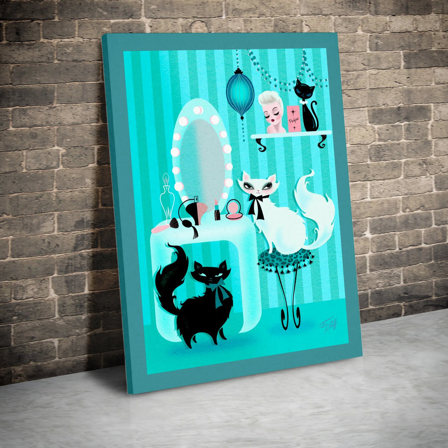 Mid Century Modern Cat Wall Art | Retro Vanity Kitties Print | Premium 1.25 Inch Gallery Canvas | Unique Gift For Cat Lovers