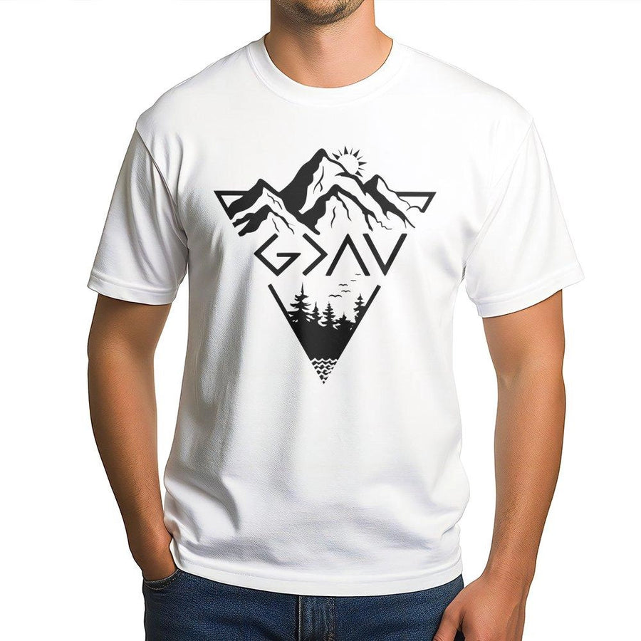 God Is Greater Than The Highs And Lows T-Shirt | Mountain Faith Graphic | 100% Cotton Soft Premium Tee | Christian Gift For Men And Women