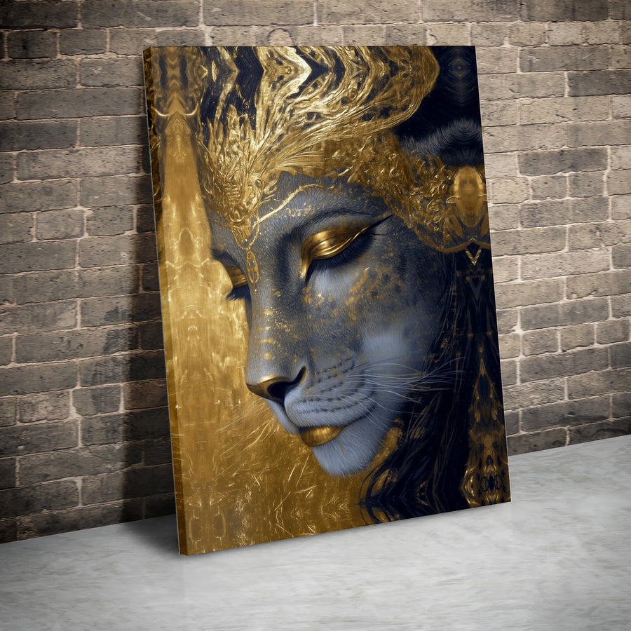 Lioness Goddess Canvas Print | Abstract Gold Headdress Wall Art | Premium Gallery-Wrap 1.25" Profile | Elegant Living Room Decor Gift