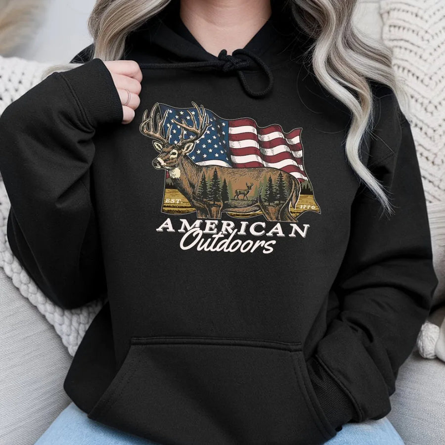 American Outdoors Deer Hunting Hoodie | Patriotic Flag Buck Graphic | Premium Cotton Blend | Gift for Hunter & Outdoorsman