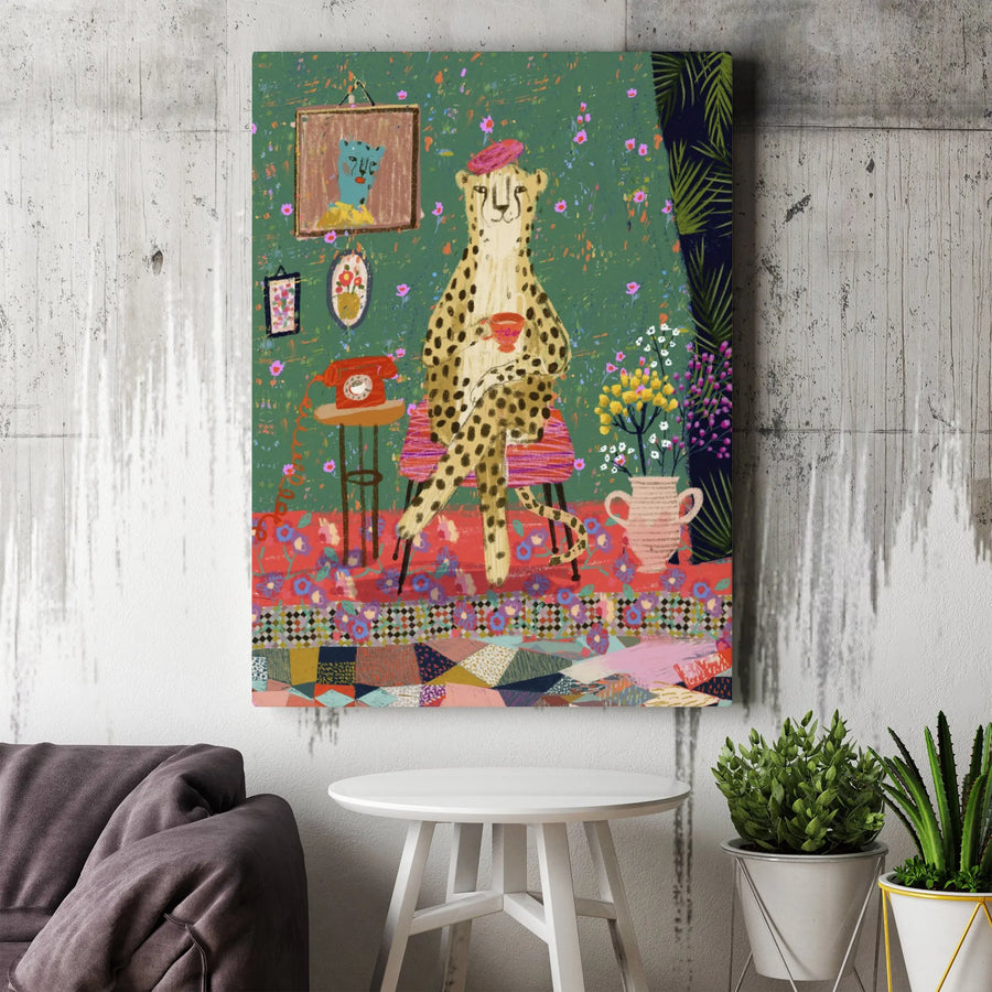 Eclectic Cheetah Canvas Print | Whimsical Animal with Beret Wall Art | Premium 1.25" Thick Canvas | Maximalist Home Decor Gift for Her