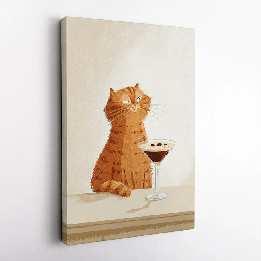 Smug Orange Cat Wall Art | Espresso Martini Illustration | Premium Gallery Wrap Canvas | Funny Kitchen Bar Decor Gift for Cat Lovers