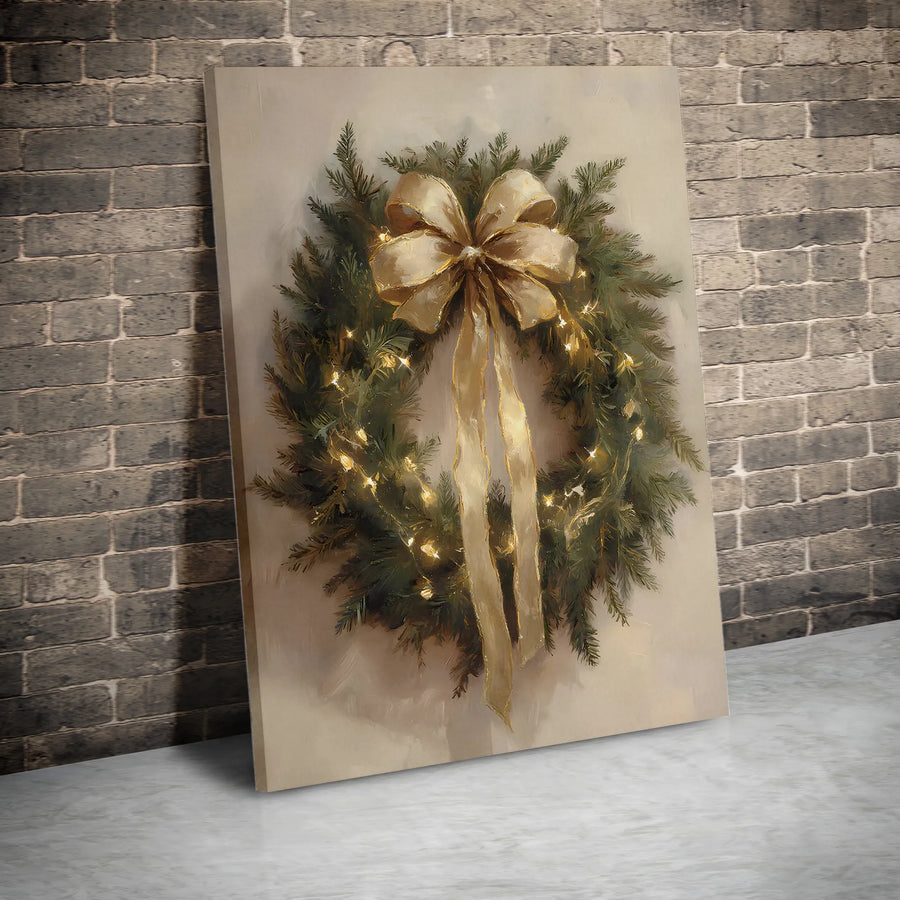 Christmas Wreath Canvas Wall Art | Painterly Gold Bow & Lights Design | Premium 1.25" Gallery Wrap | Festive Holiday Home Decor Gift
