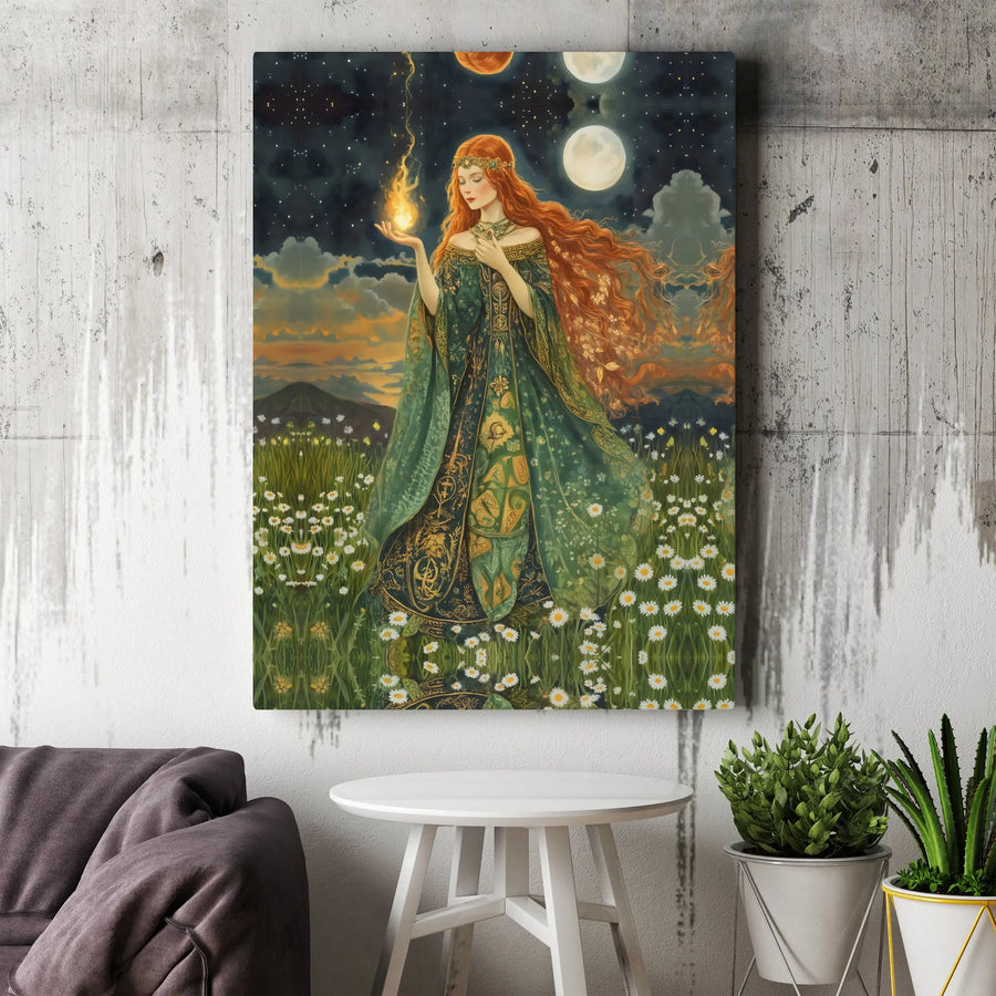 Fantasy Goddess Canvas Art | Celtic Fire Priestess with Celestial Moons | Premium Matte Gallery Wrap | Mythical Fantasy Home Decor Gift