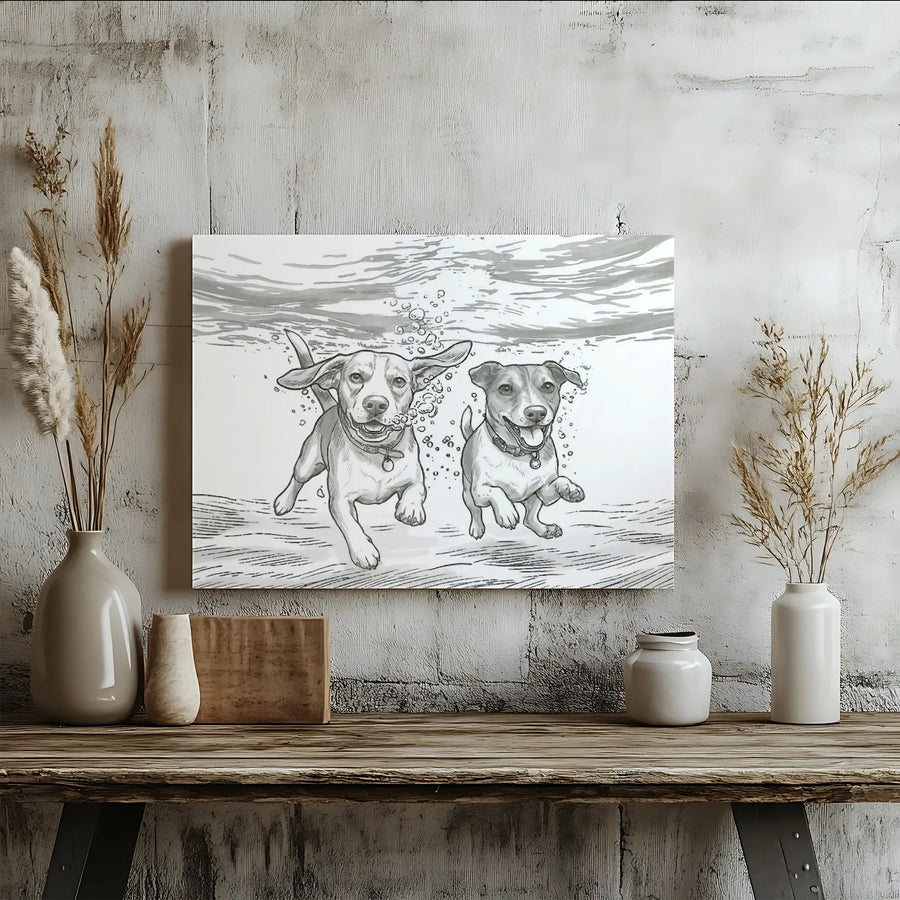 Underwater Dogs Canvas Wall Art | Black and White Sketch Illustration | Premium Gallery-Quality Canvas | Gift for Dog Lover