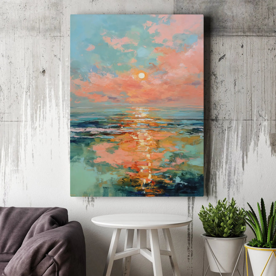 Abstract Sunset Ocean Painting | Pink and Blue Coastal Wall Art | Premium Gallery Wrapped Canvas | Serene Modern Home Decor Gift